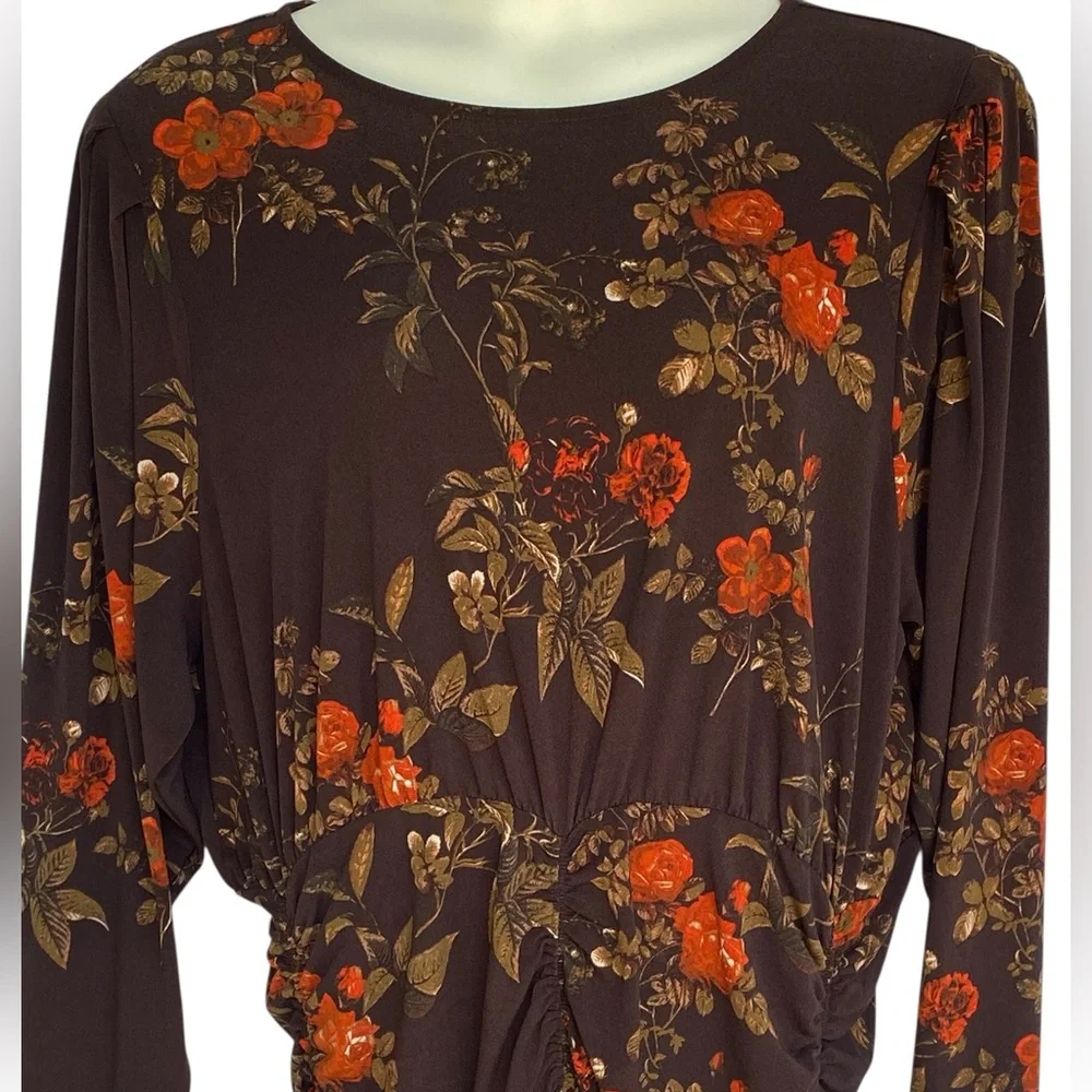 H&M Womens Long Sleeve Brown Red Floral Dress Size 3XL NWT Ruching Bodycon - Picture 6 of 13
